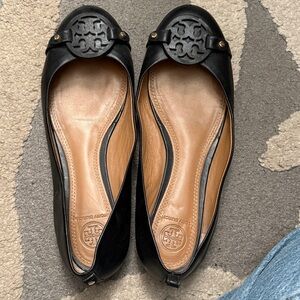 Tory Burch Black Leather Flats with Logo Detail